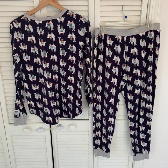 Cuddl Duds Henley Pajama 2 Piece Set Llama Gifts Womens M Joggers Pockets Purple - Picture 2 of 13